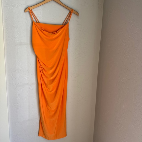 Zara Dress Women's Draped Neckline Fitted Slip Fit Vibrant Orange Summer Dress M - Picture 11 of 12